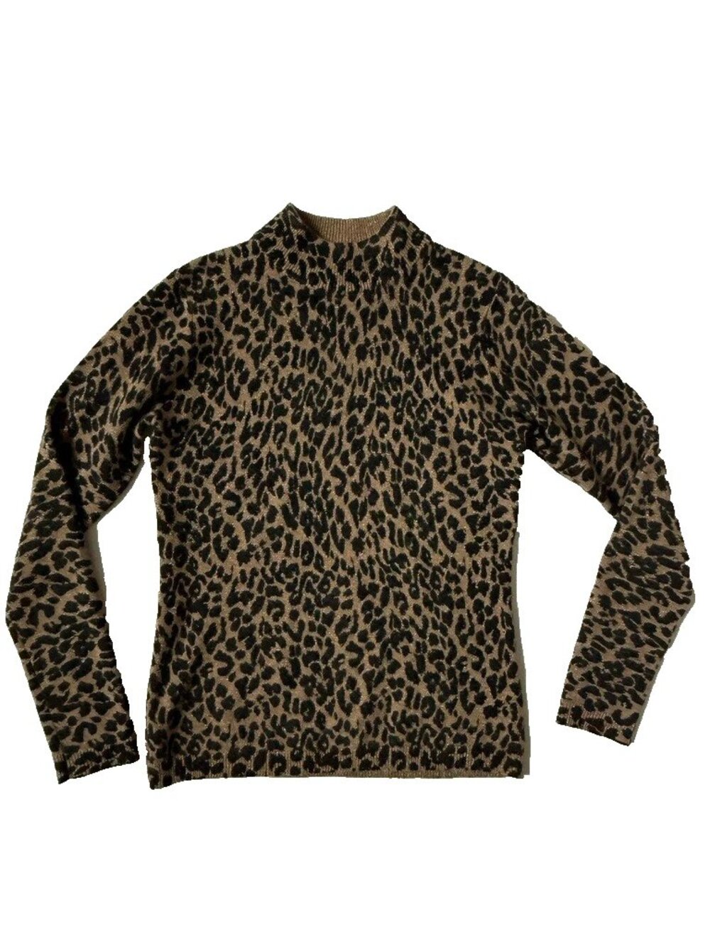 Neiman Marcus Womens XS Cashmere Collection Leopard Print Sweater High Neck Gold